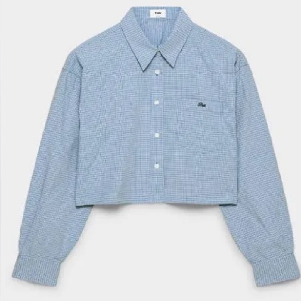 Aritzia TNA Plaid Cotton Cropped Blue Button Down Long Sleeve - Picture 3 of 8